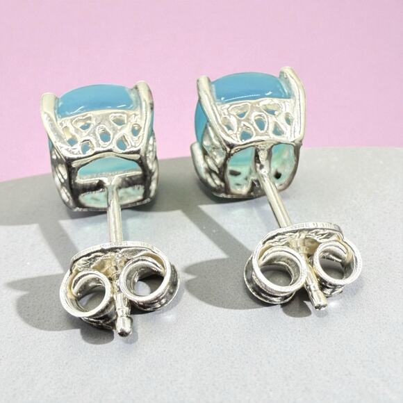 Natural Blue Chalcedony Cabochon Stud Earrings 925 Sterling Silver Handmade - Picture 4 of 4